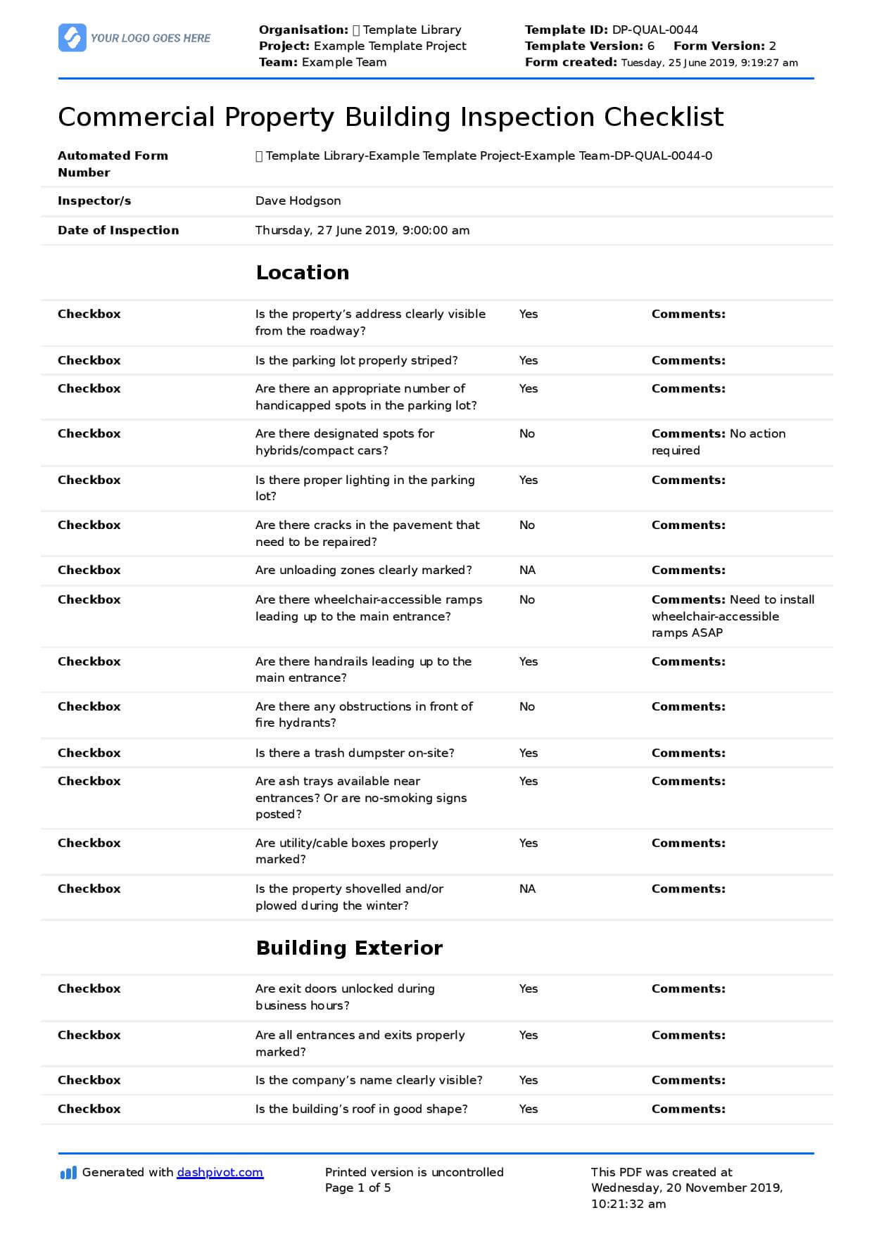 Commercial Building Inspection Checklist: Quicker + Easier In Commercial Property Inspection Report Template
