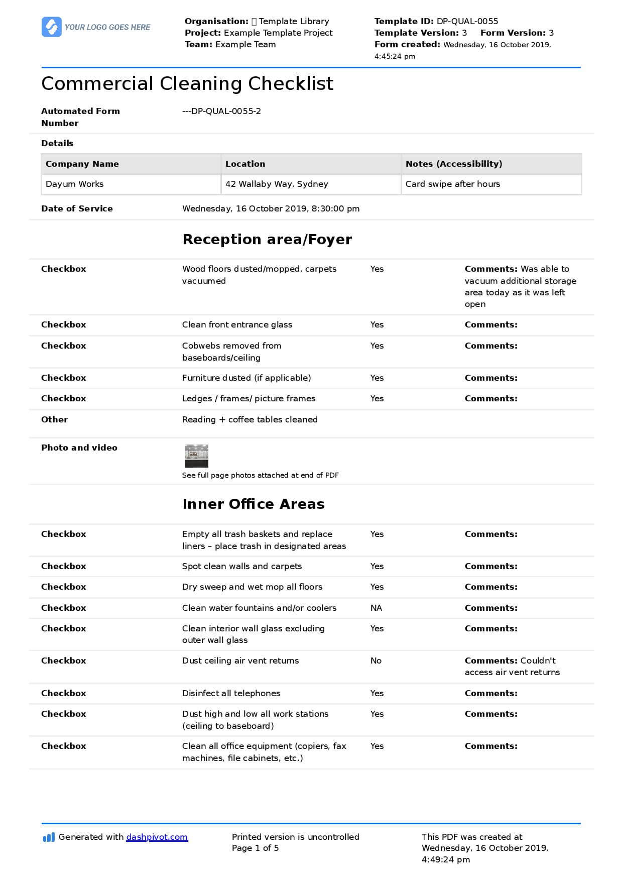 Commercial Cleaning Checklist Template (Free + Editable Regarding Cleaning Report Template