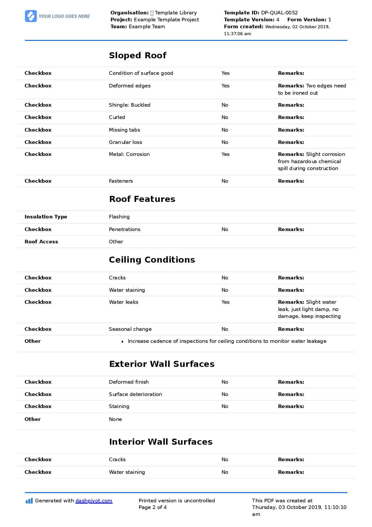 Commercial Roof Inspection Checklist And Report Template Within Roof Inspection Report Template