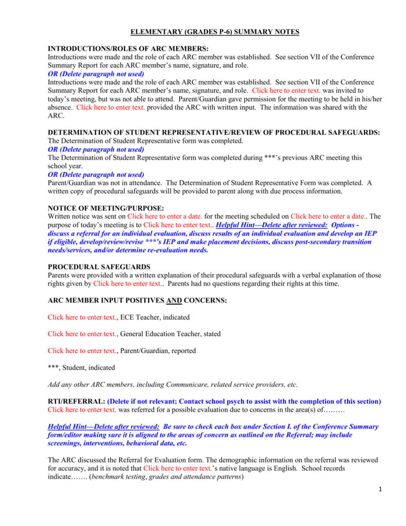 Conference Summary Template P – 6Th Grades For Conference Summary Report Template
