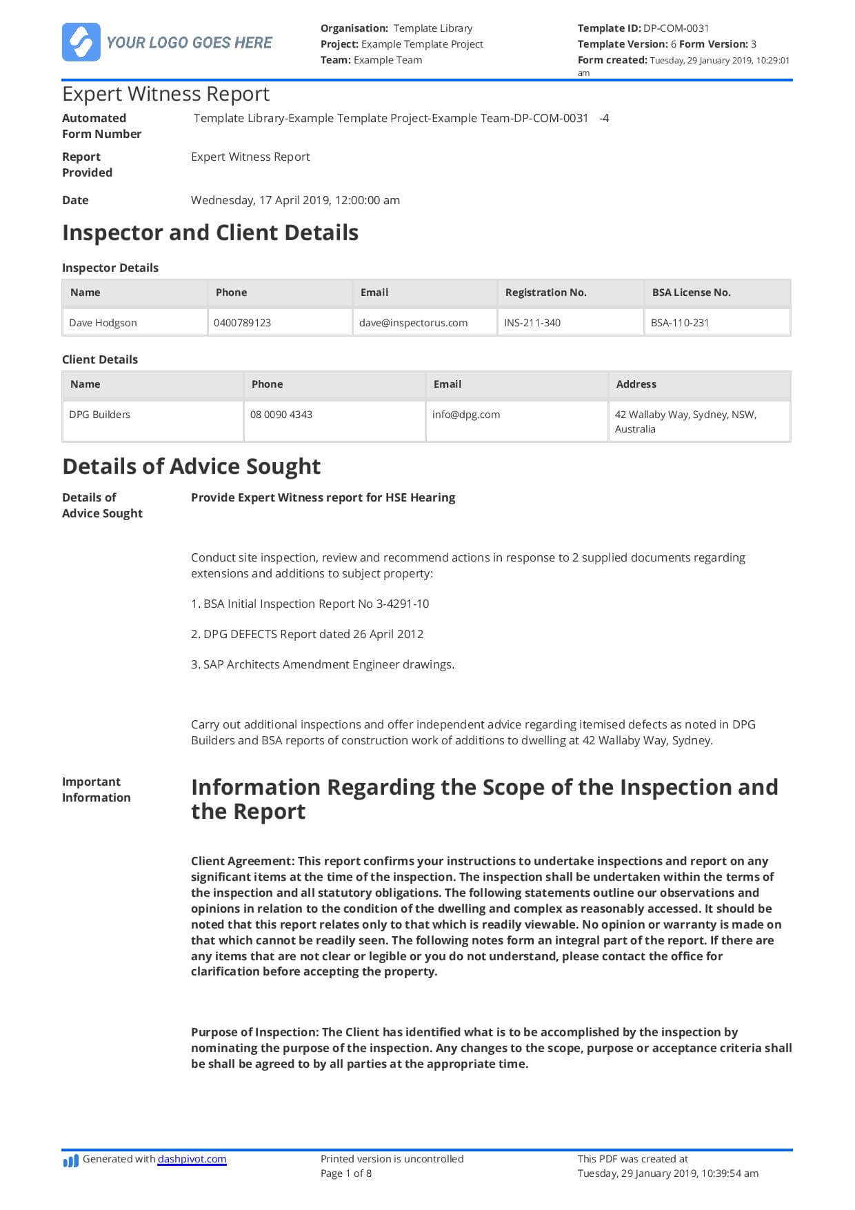 Construction Expert Witness Report Example And Editable Template For Building Defect Report Template
