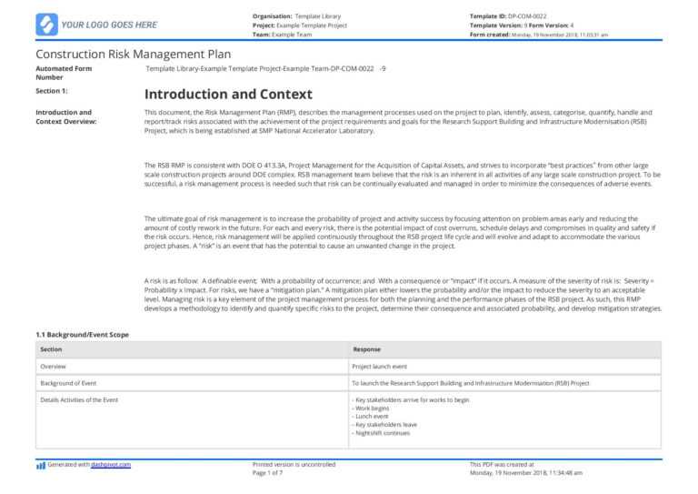 Construction Risk Ement Report Sample Project Plan Example Throughout 