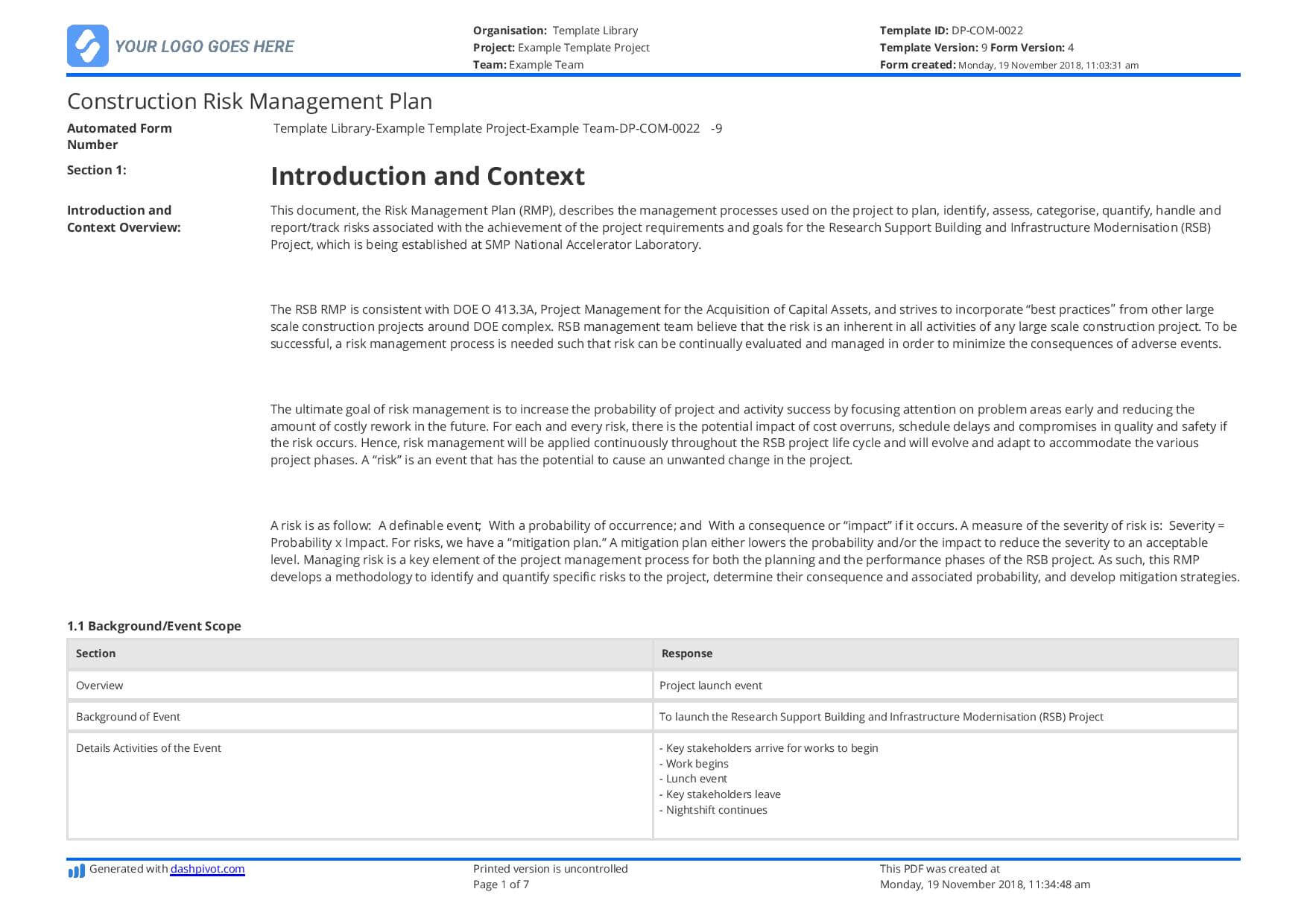 Construction Risk Ement Report Sample Project Plan Example Throughout Risk Mitigation Report Template