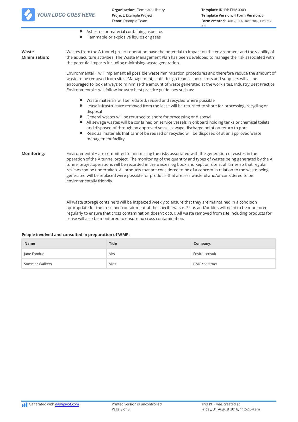 Construction Waste Management N Sample Use This For Free Within Waste Management Report Template