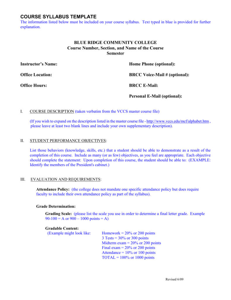 Course Syllabus Template – Blue Ridge Community College With Regard To Blank Syllabus Template