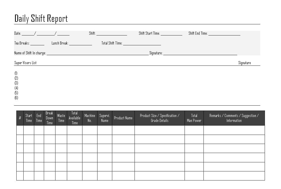 Daily Shift Report Regarding Machine Breakdown Report Template Best 