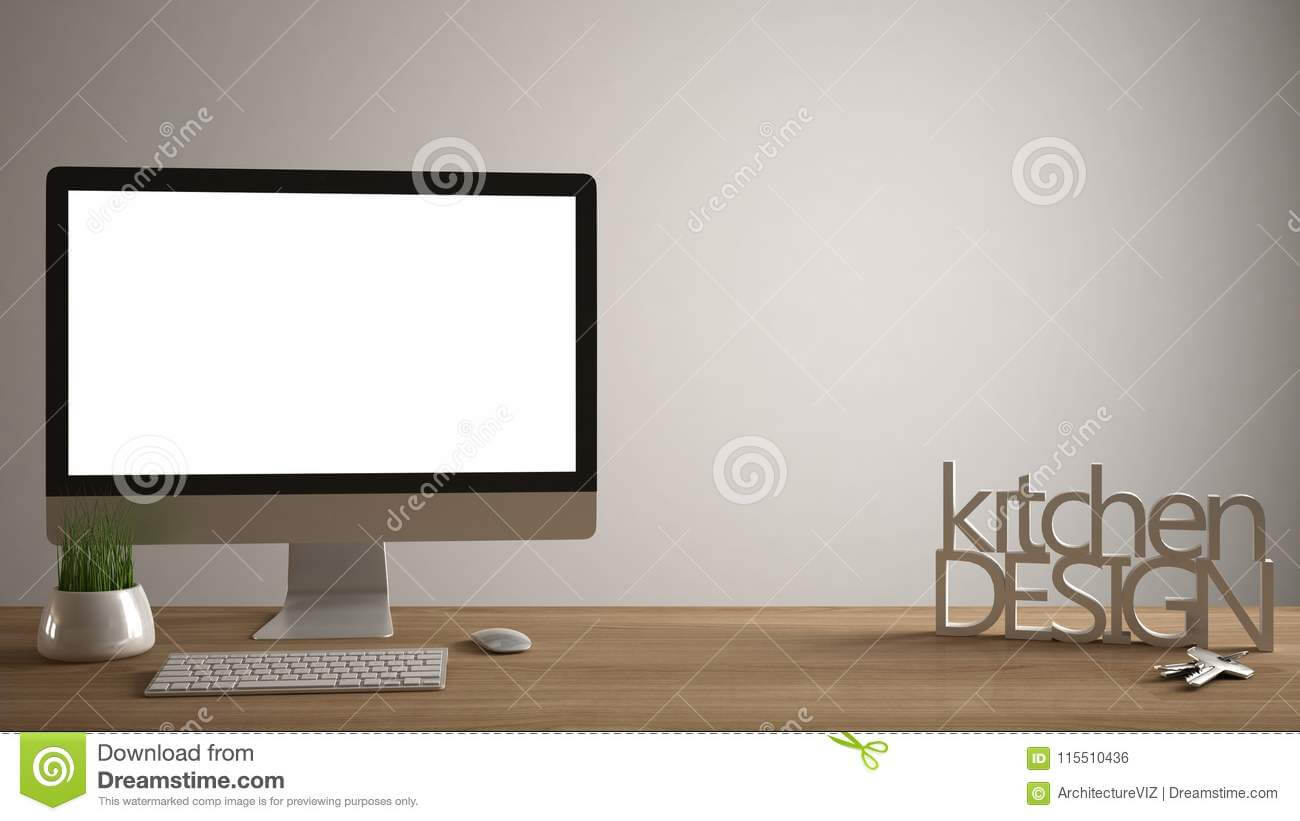 Desktop Mockup, Template, Computer On Wooden Work Desk With For Making Words Template