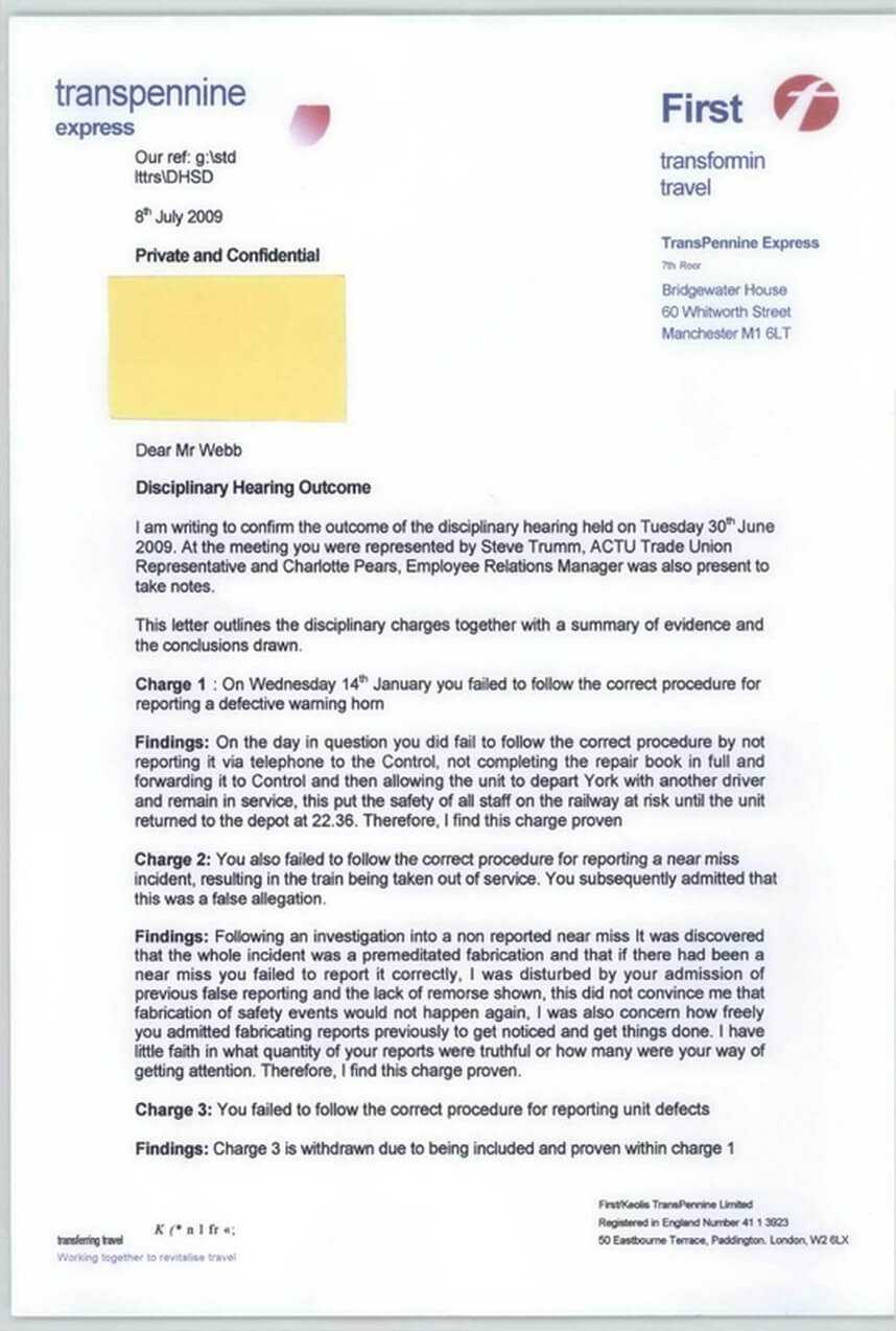 Disciplinary Hearing Outcome Letter - Transpennine Express With Regard To Investigation Report Template Disciplinary Hearing