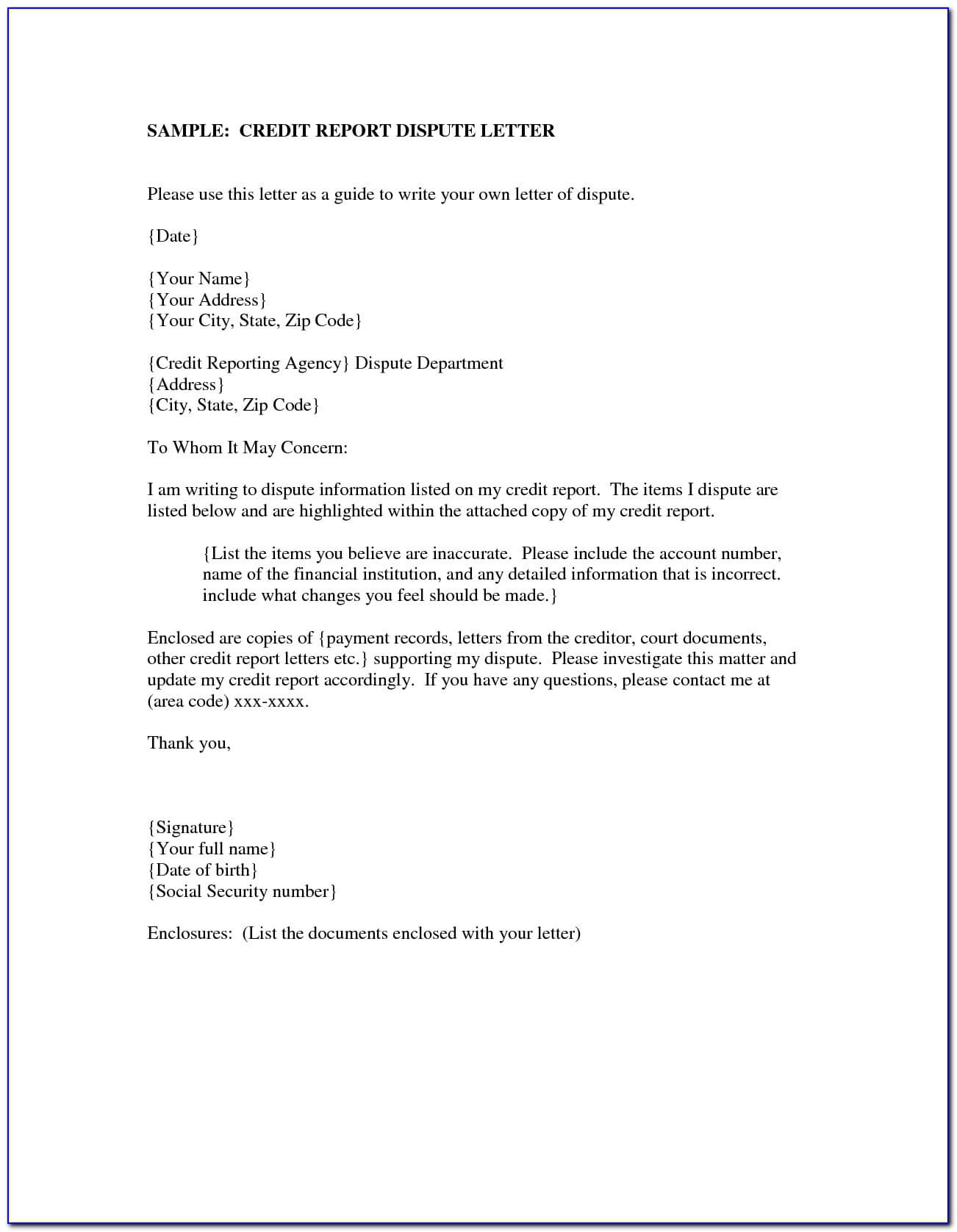 Dispute Credit Report Letter | | Best Business Template For With Regard To Credit Report Dispute Letter Template