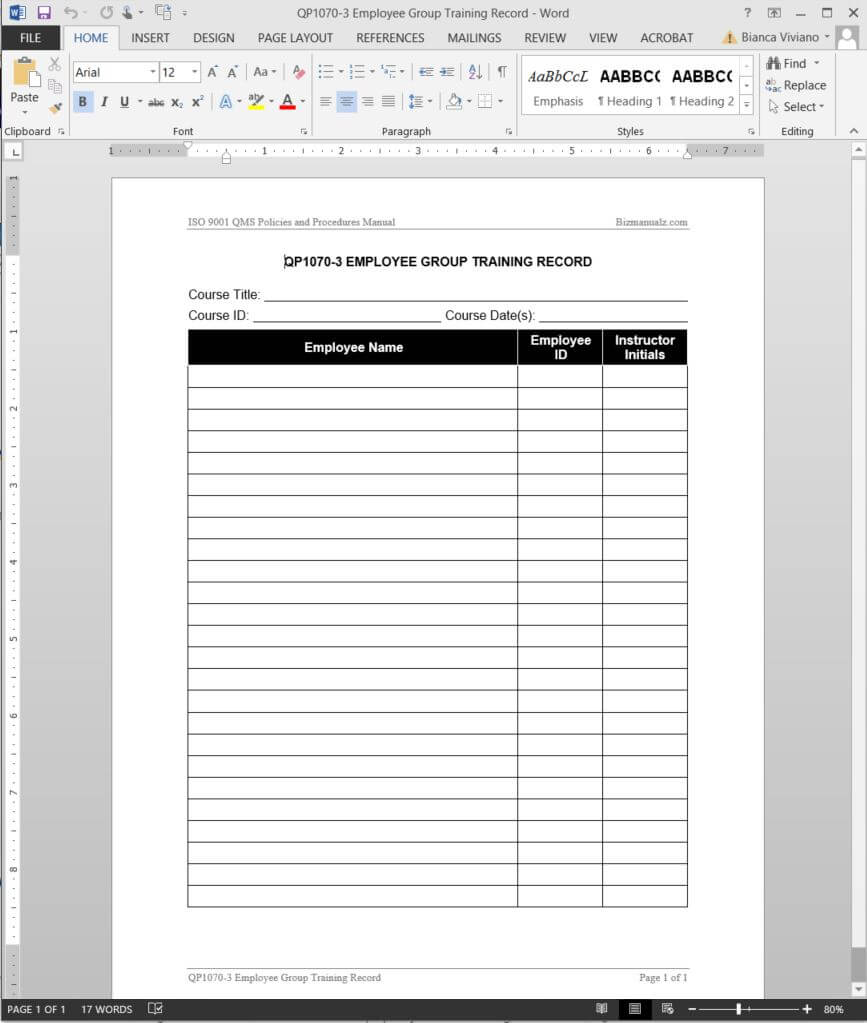 Employee Group Training Record Iso Template | Qp1070 3 Regarding Training Documentation Template Word