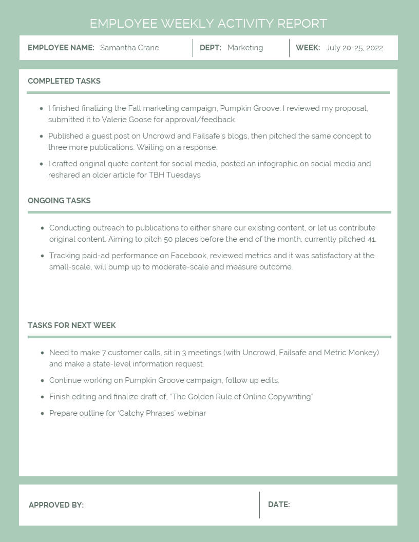 Employee Weekly Activity Report With Monthly Activity Report Template
