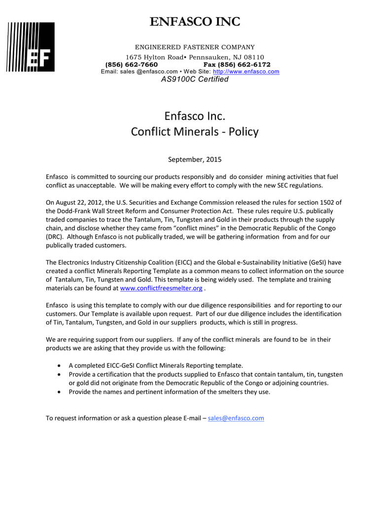 Enfasco Inc Enfasco Inc. Conflict Minerals – Policy In Eicc Conflict Minerals Reporting Template