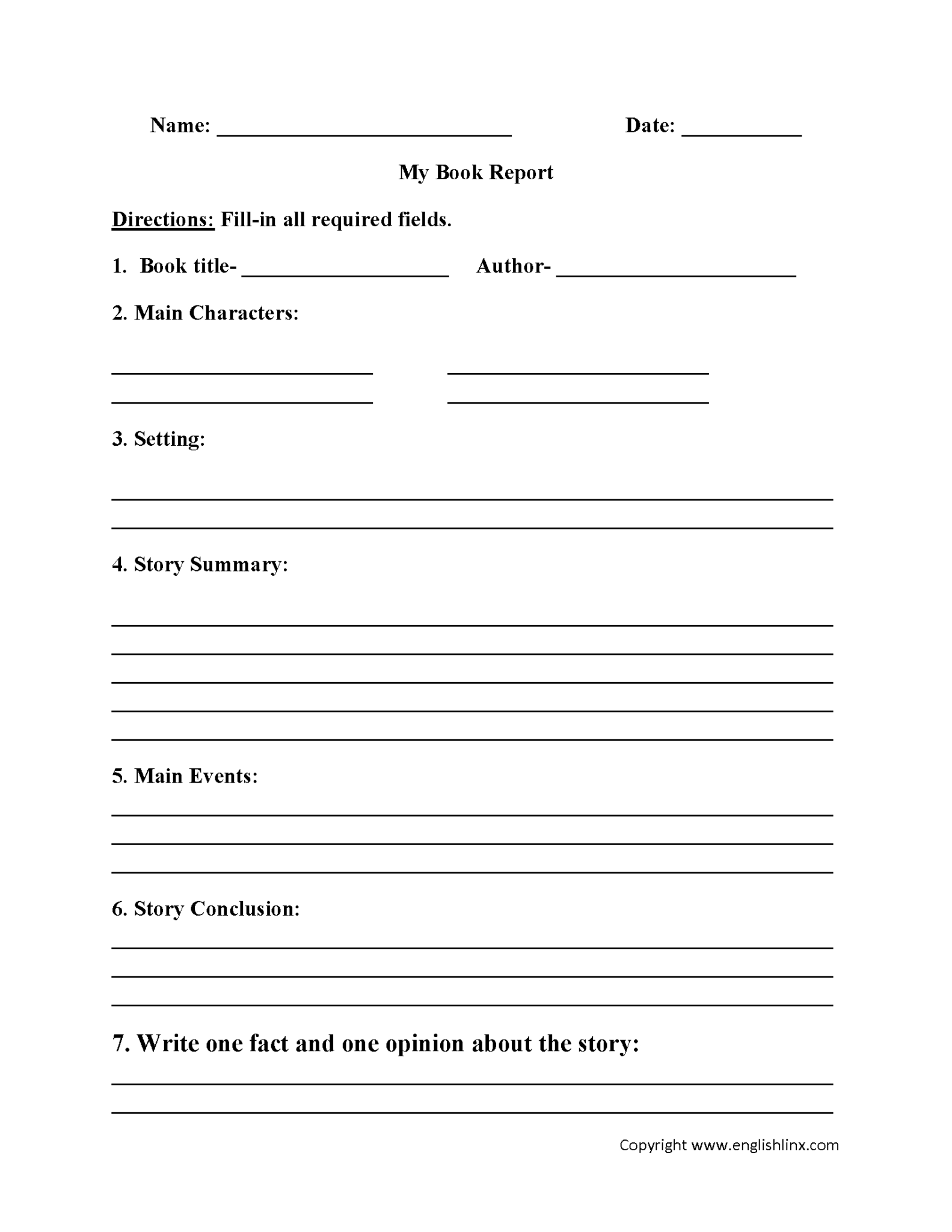 6Th Grade Book Report Template