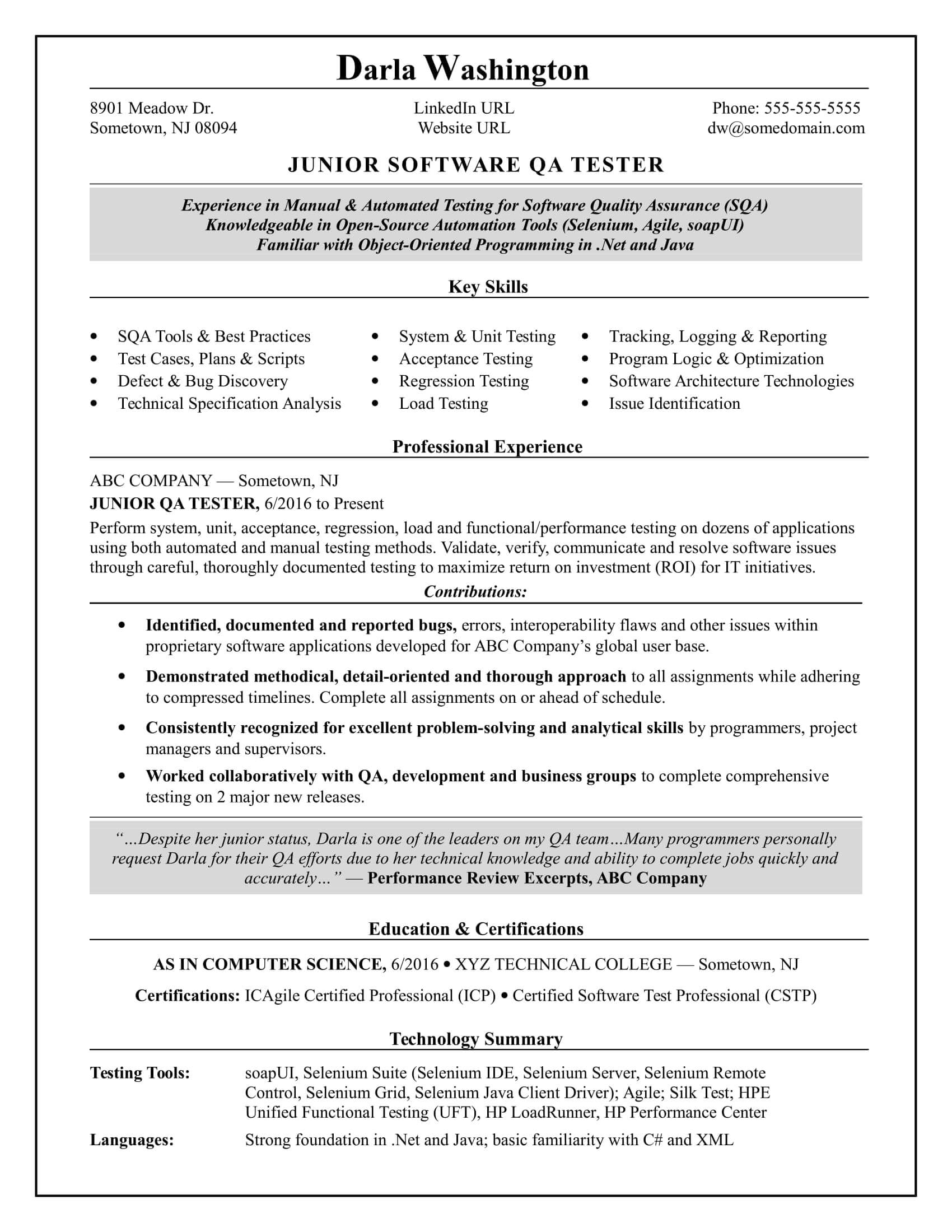 Entry Level Qa Software Tester Resume Sample | Monster Within Software Quality Assurance Report Template