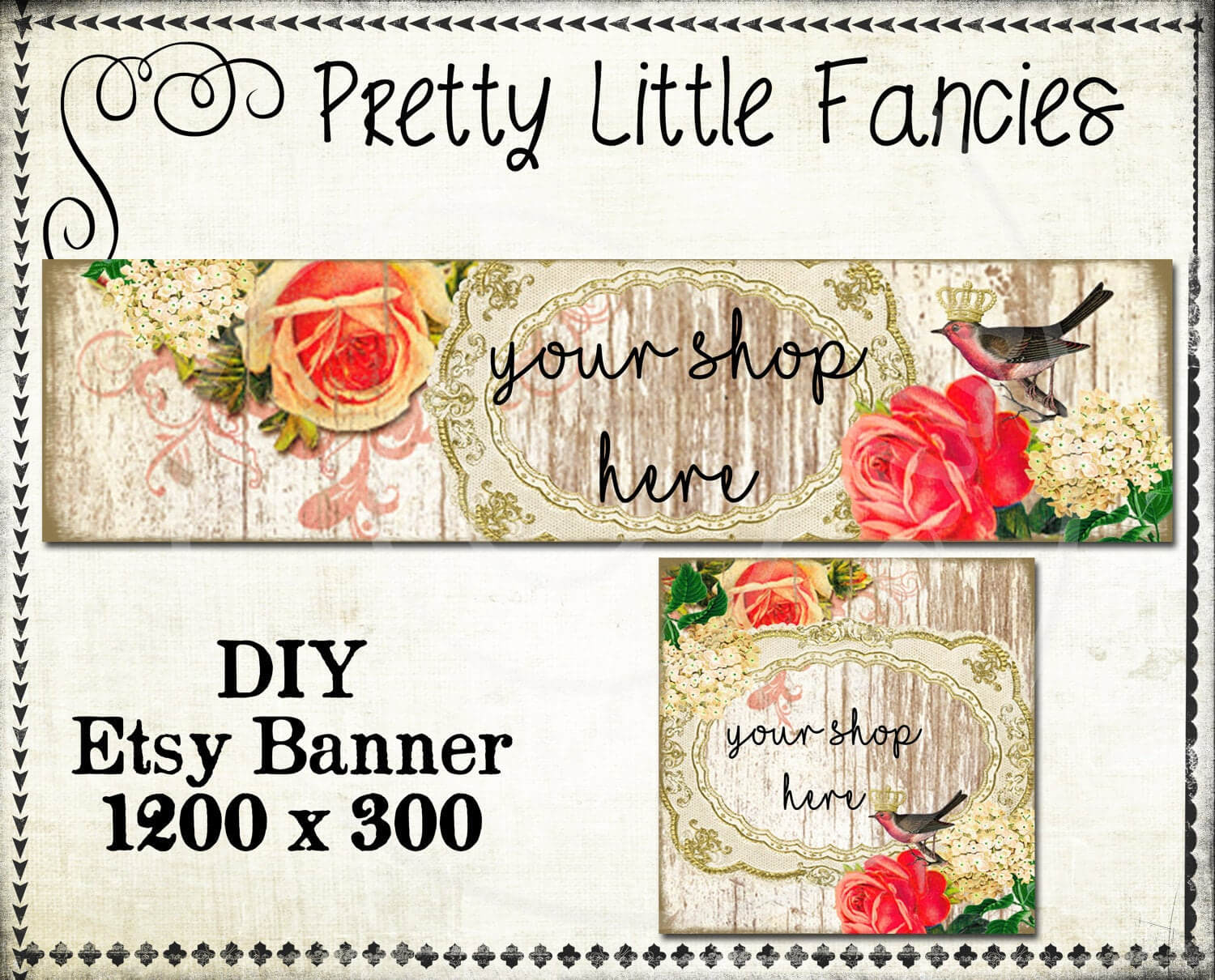 Etsy Shop Banner Diy Banner Template Premade Etsy Store Large Banner And  Icon Rustic Wood Vintage Frame Bird Digital Roses In Etsy Banner Template