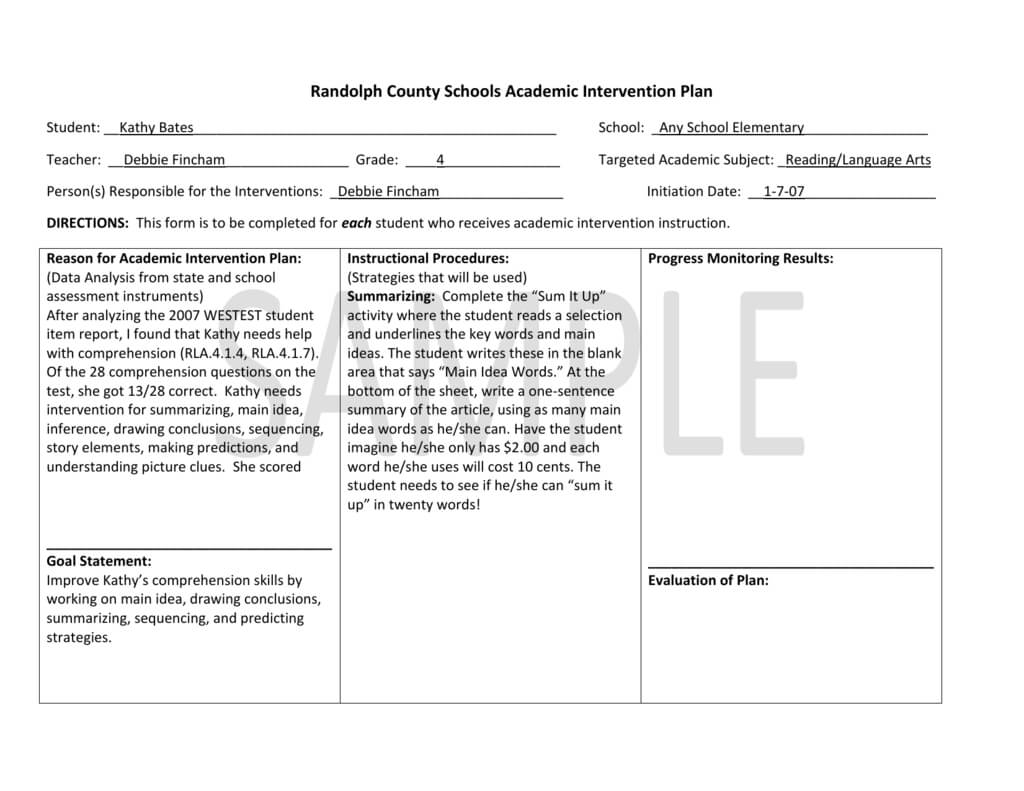 Example Of Academic Intervention Plan For Grades 3 5 For Intervention Report Template