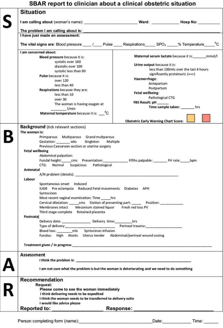 Example Of Sbar Maternity Handover Sheet From The Prompt For Nursing 