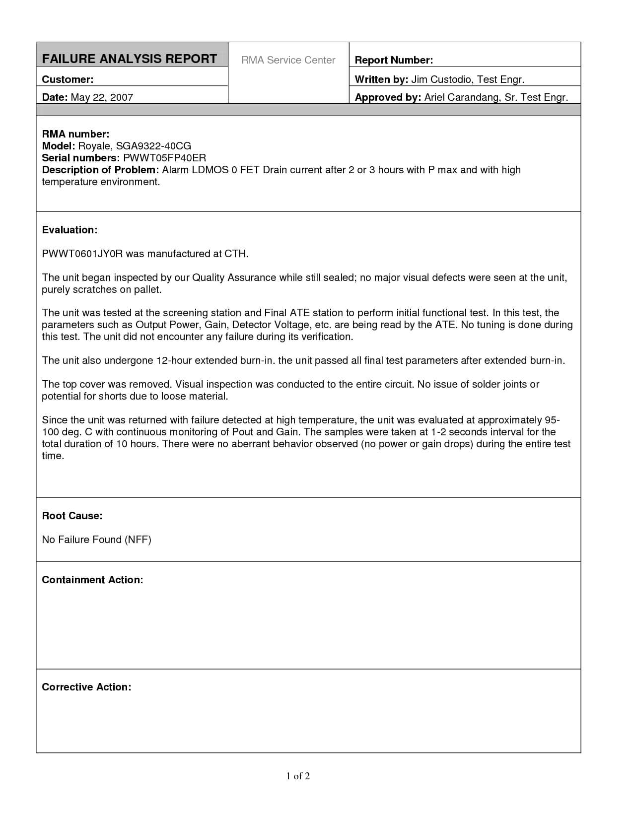 Excellent Failure Analysis Report Writtenjimcustodio34 For Failure Analysis Report Template