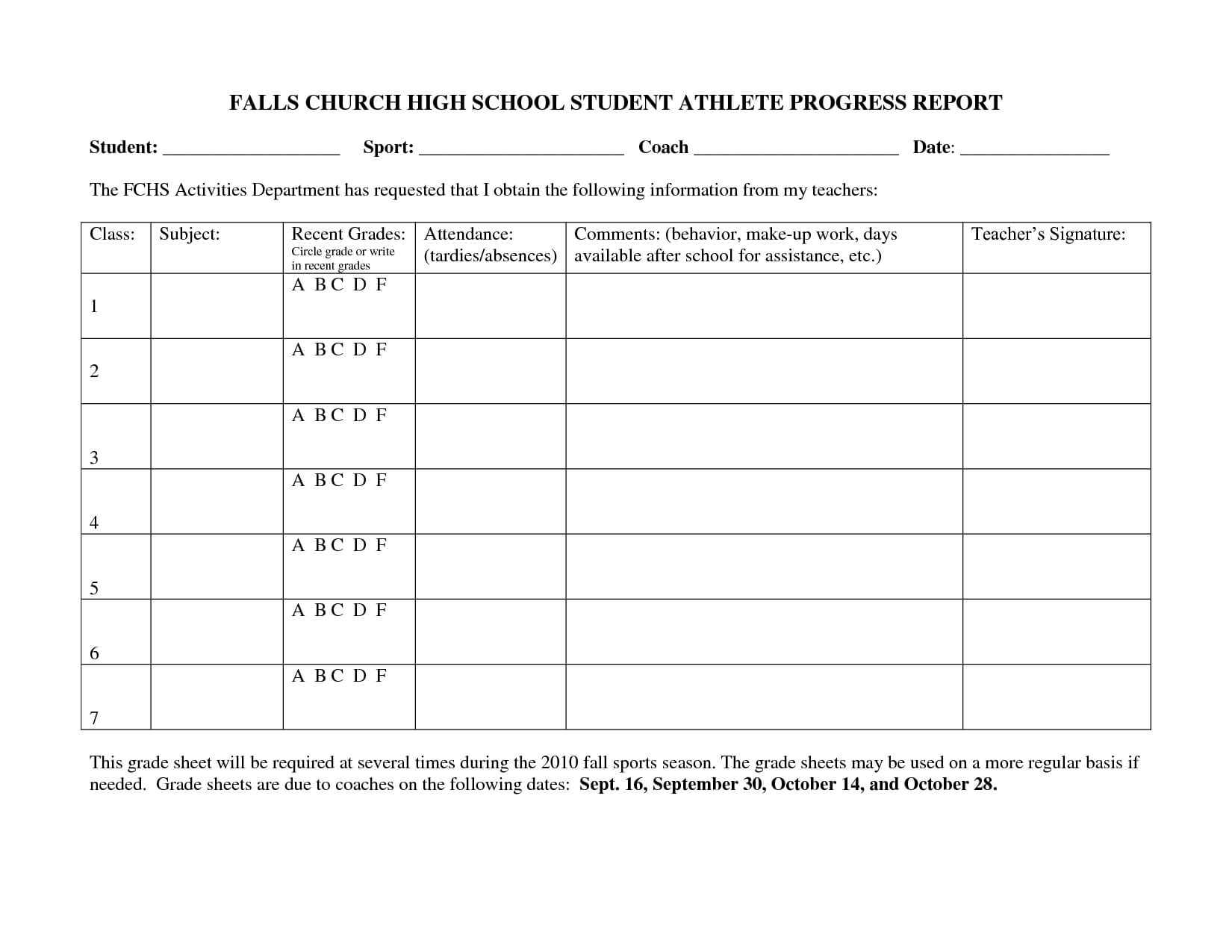 Falls Church High School Student Athlete Progress Report Pertaining To High School Progress Report Template