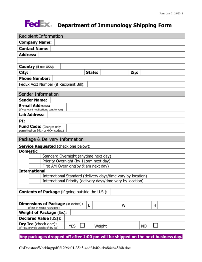 Shipping Form Template