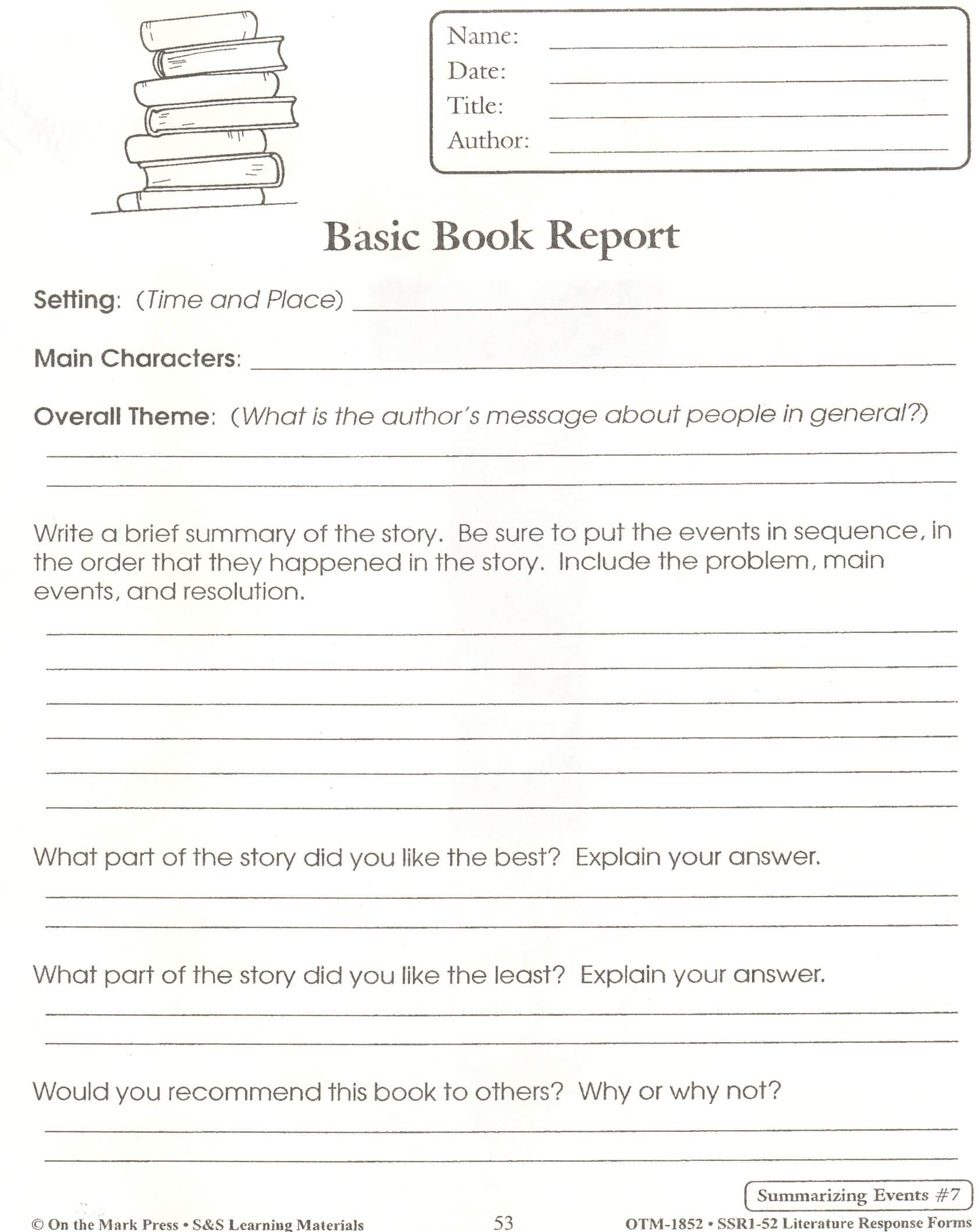 Fiction Book Report Template 6Th Grade For 7Th Graders Pdf With Regard To Book Report Template 4Th Grade
