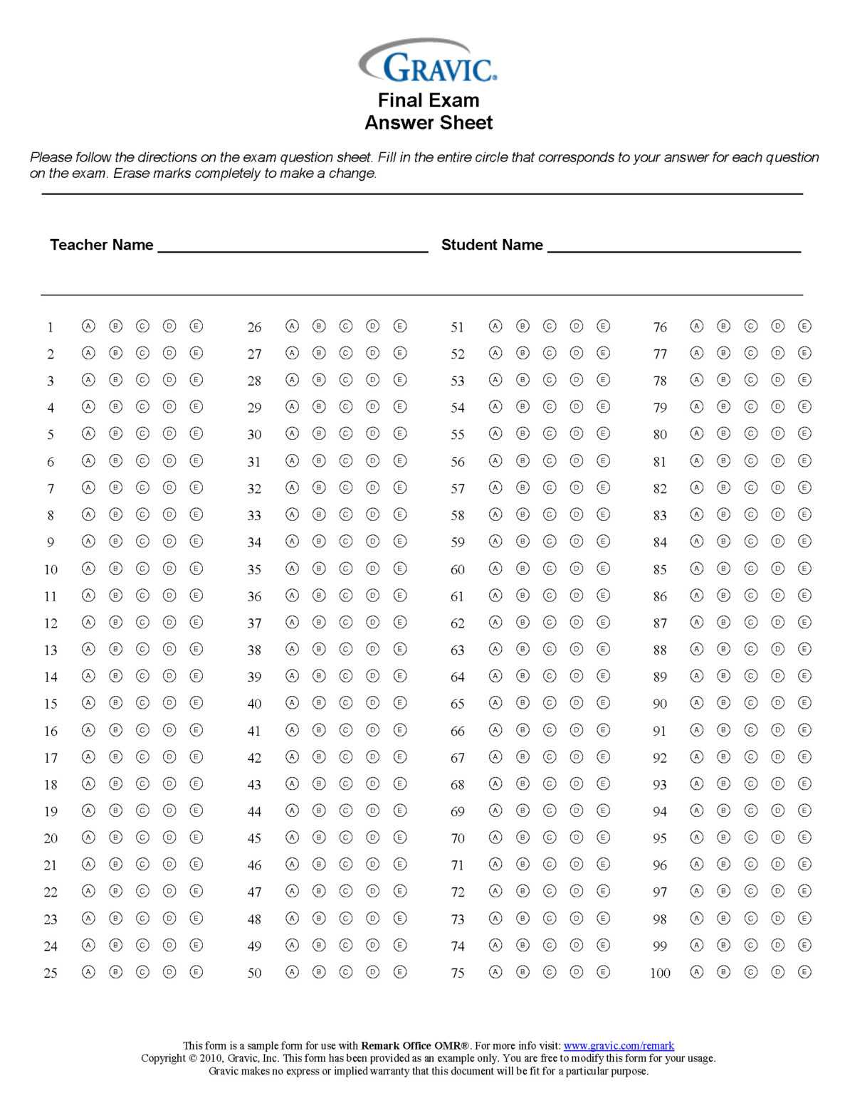 Final Exam 100 Question Test Answer Sheet · Remark Software With Blank