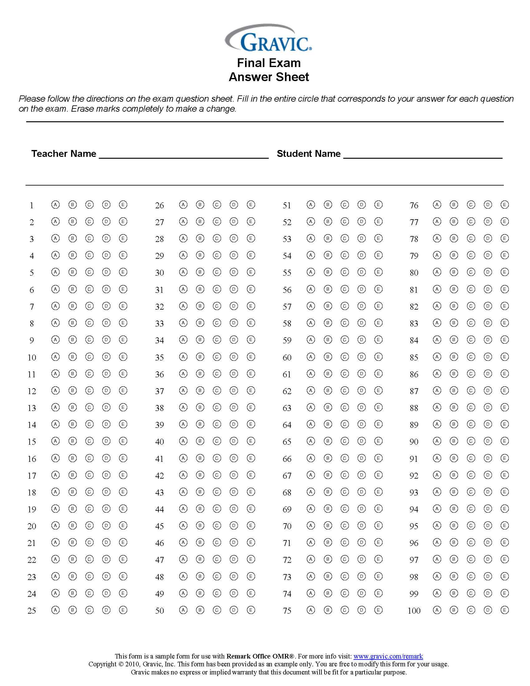 Final Exam 100 Question Test Answer Sheet · Remark Software With Blank Answer Sheet Template 1 100