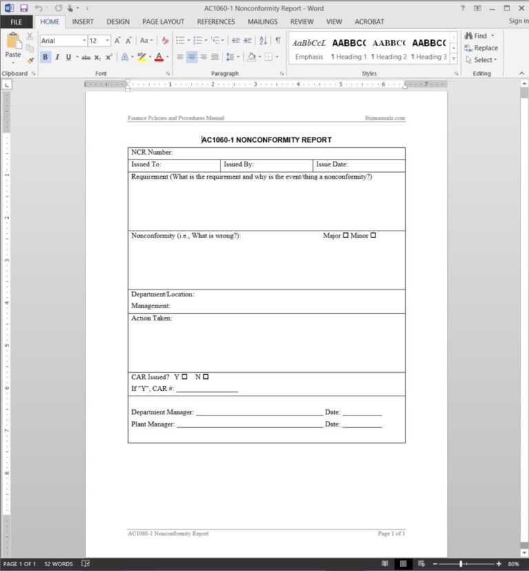 Quality Non Conformance Report Template