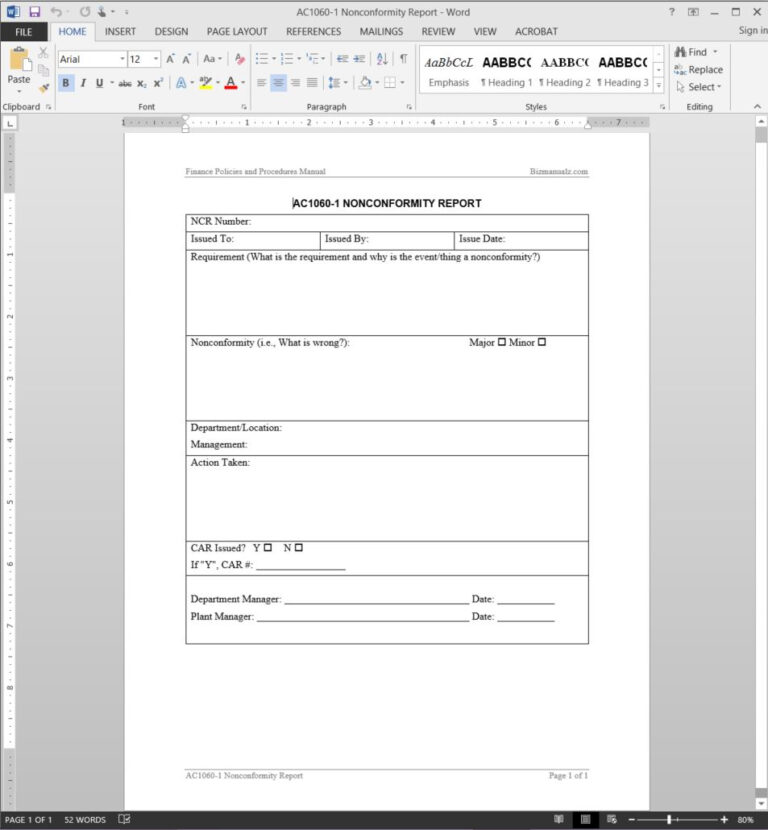 Financial Nonconformity Report Template Ac1060 1 Throughout Non