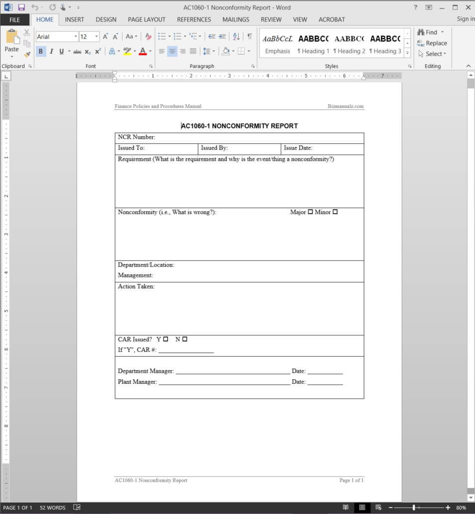 Financial Nonconformity Report Template | Ac1060 1 Throughout Non Conformance Report Form Template