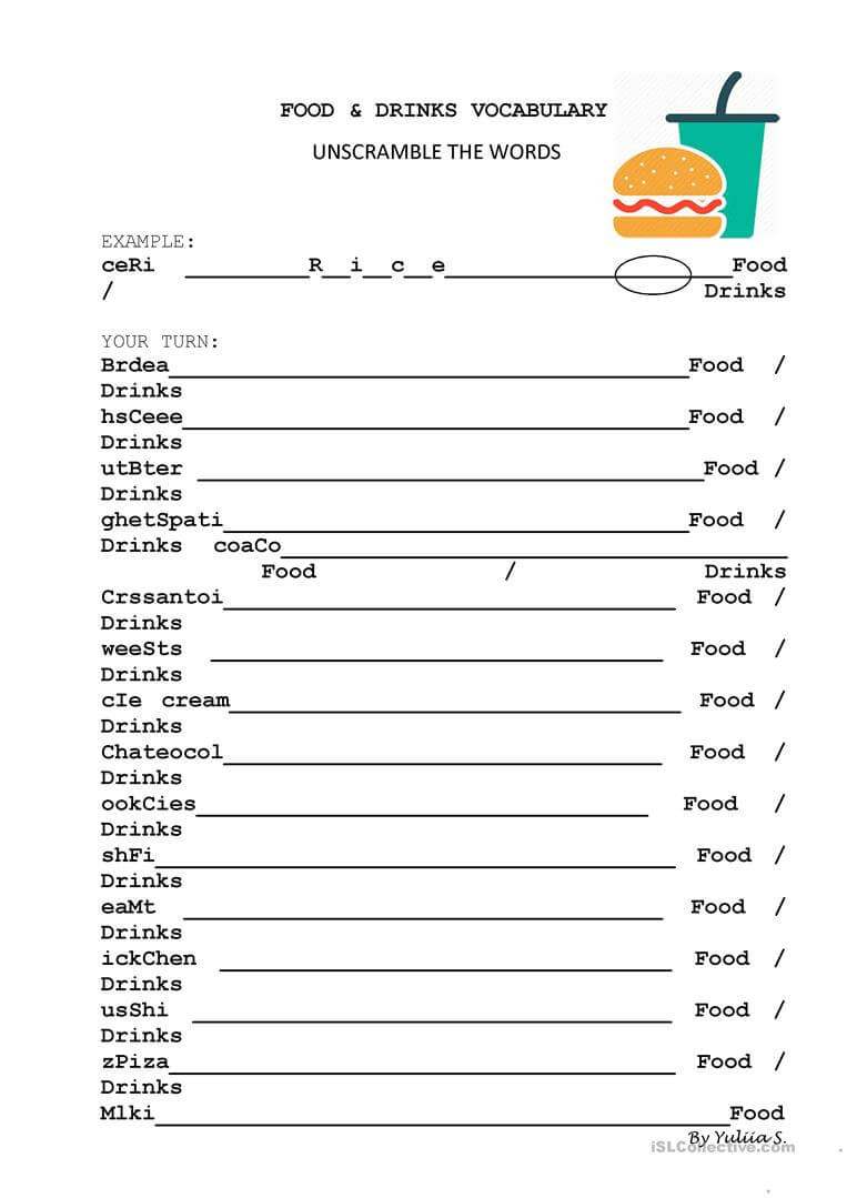 Food And Drinks Vocabulary Unscramble – English Esl Worksheets Pertaining To Vocabulary Words Worksheet Template