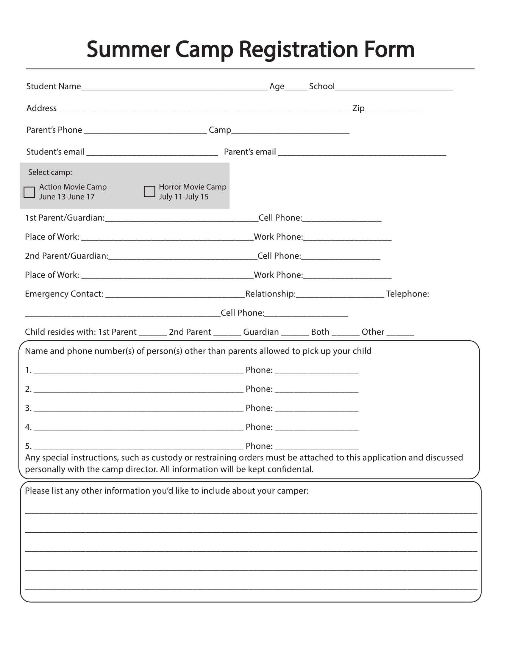 Free 10+ Printable Summer Camp Registration Forms In Pdf Intended For Camp Registration Form Template Word