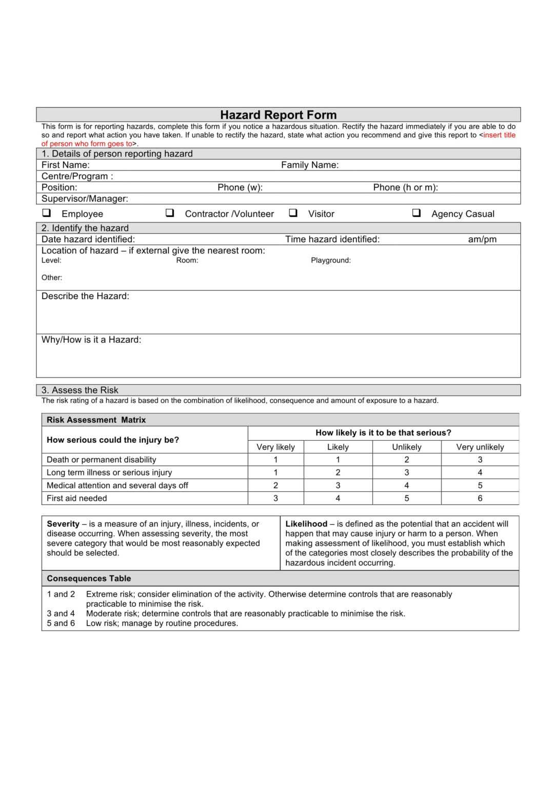 Hazard Incident Report Form Template