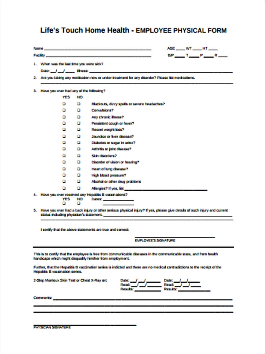 Free 5+ Sample Employee Physical Forms In Ms Word | Pdf For History And Physical Template Word