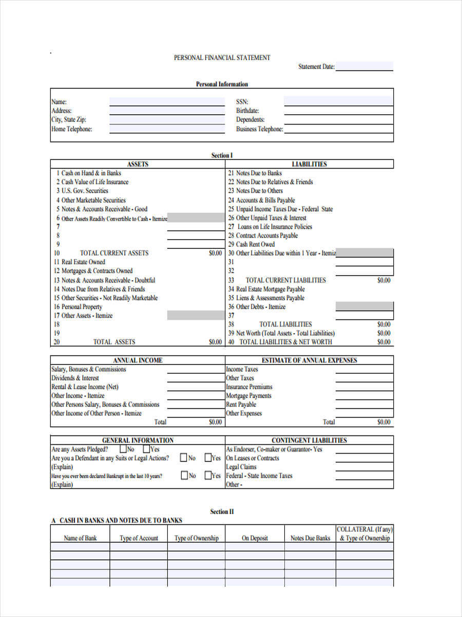 Free 7+ Personal Financial Statement Forms In Pdf In Blank Personal Financial Statement Template