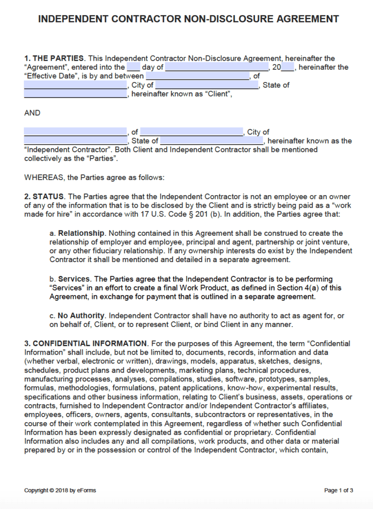 Free Independent Contractor Non Disclosure Agreement Nda Intended For 