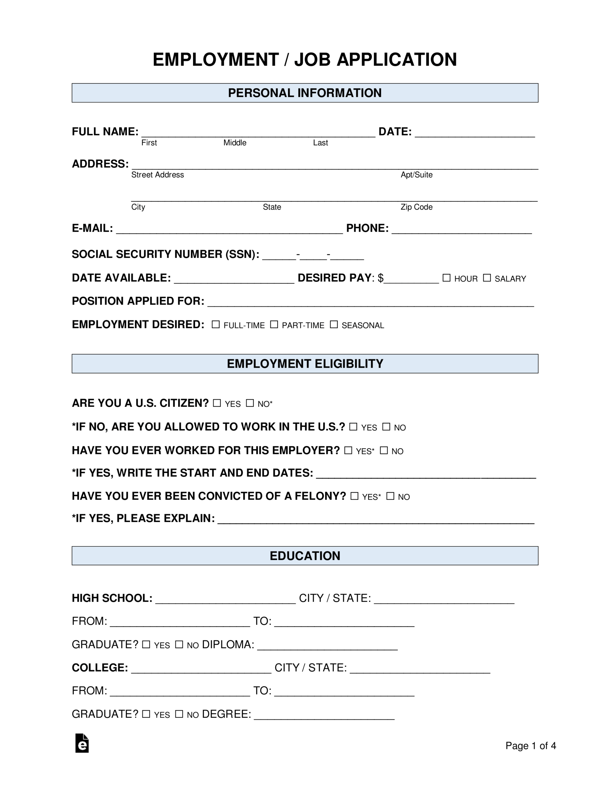 Free Job Application Form - Standard Template - Word | Pdf In Job Application Template Word Document