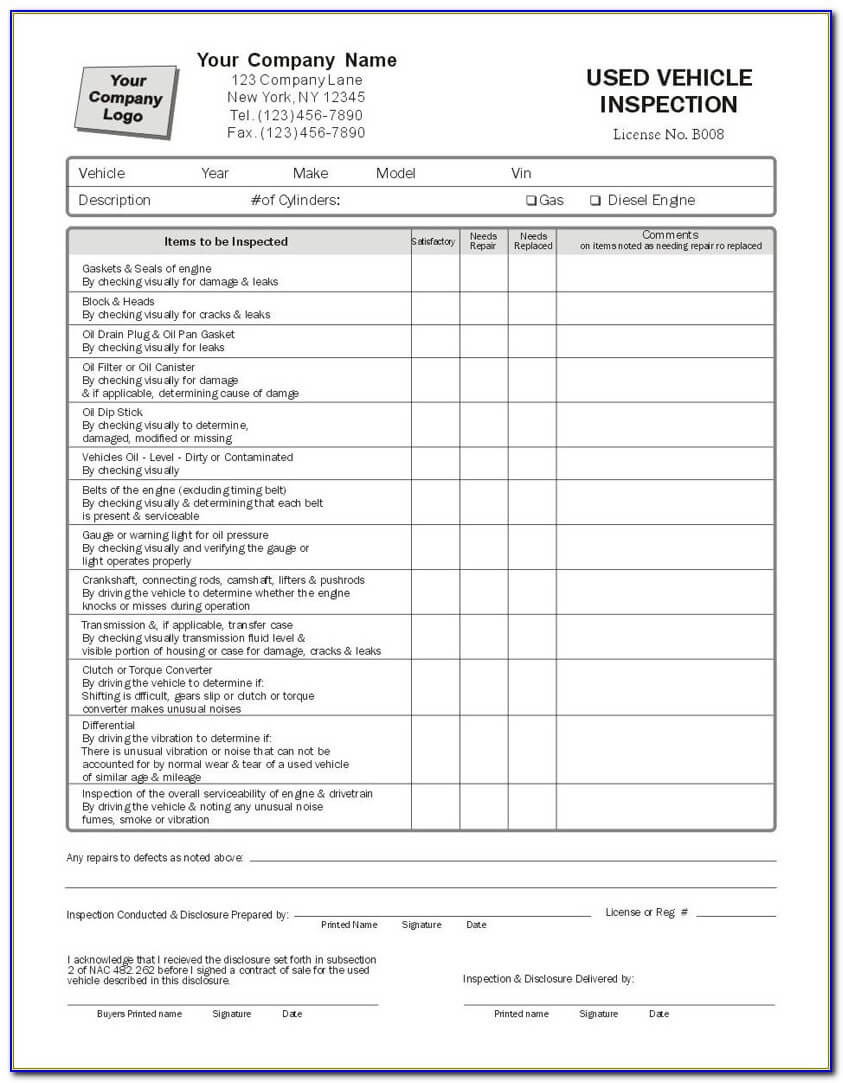Printable Vehicle Inspection Report Template