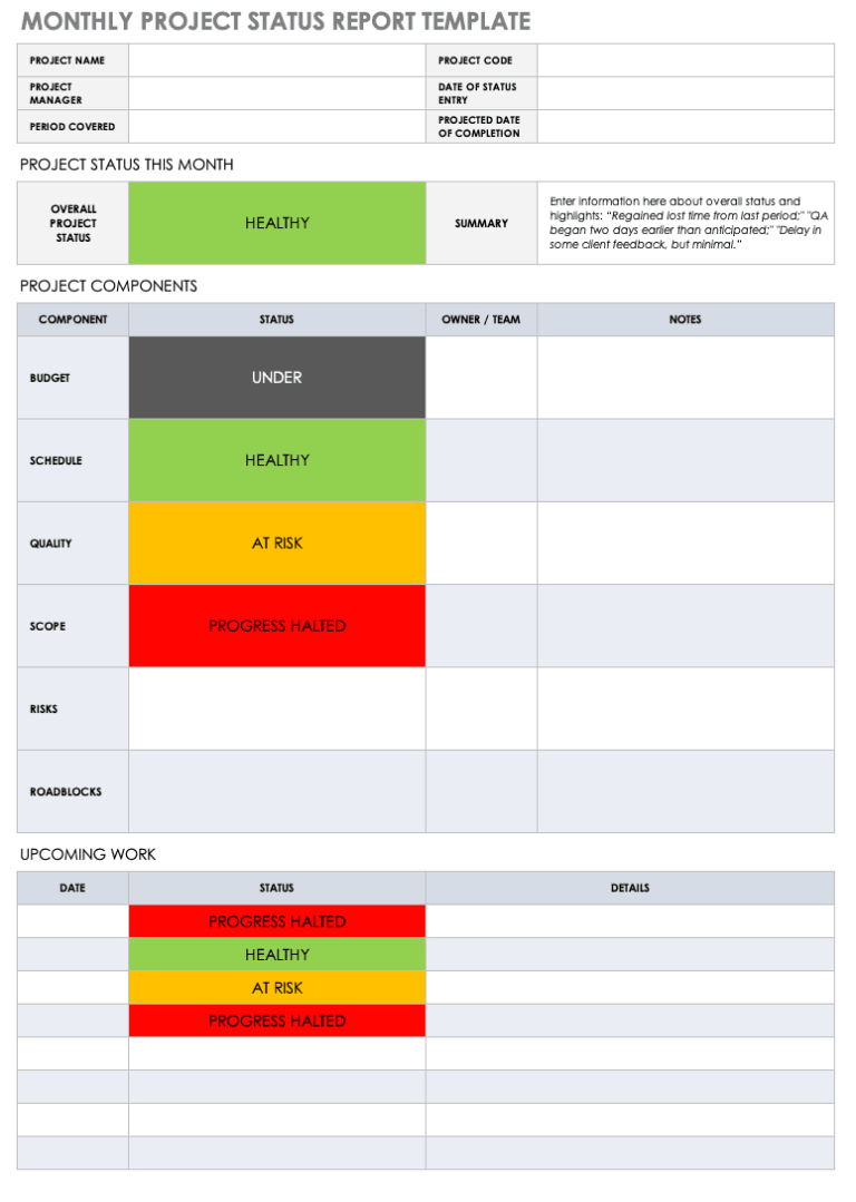 Free Project Report Templates Smartsheet For One Page Status Report 