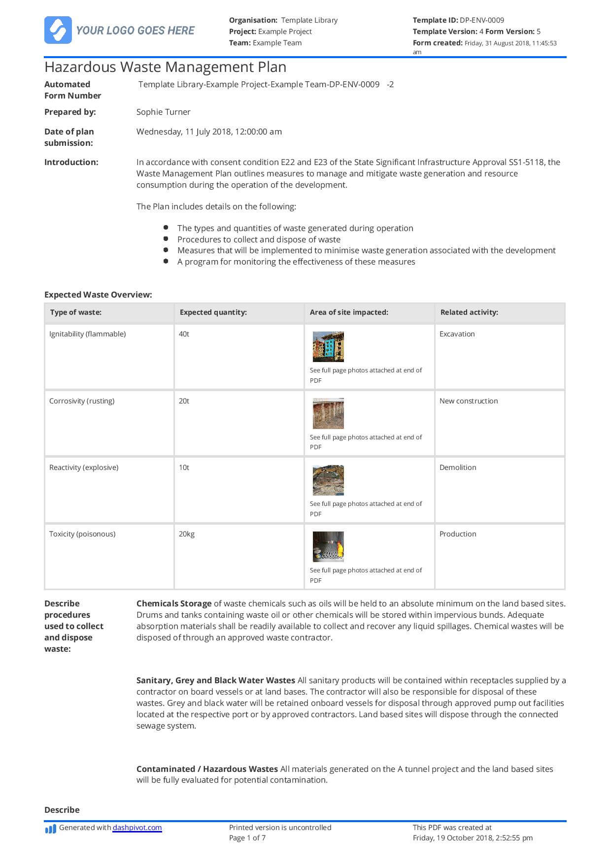 Free Waste Management Plan For Construction Site (Customisable) With Waste Management Report Template