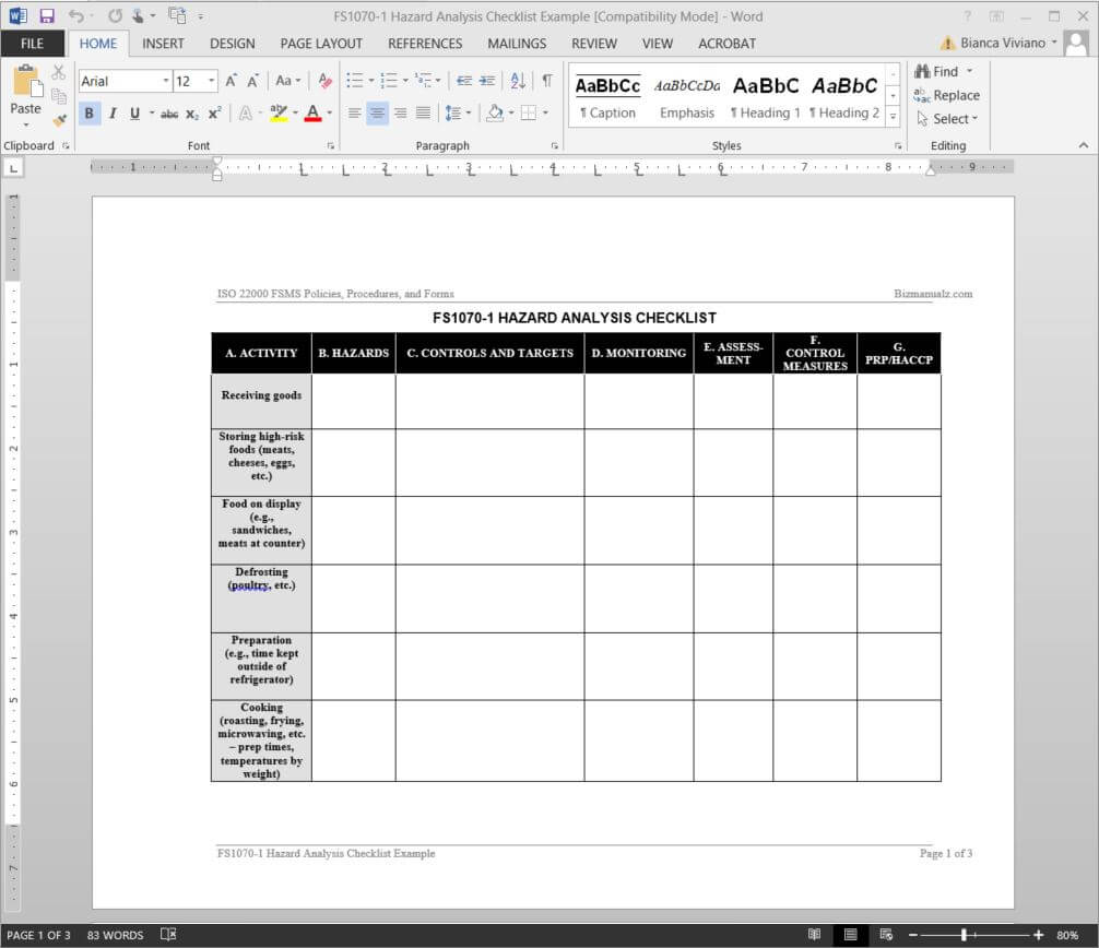 Fsms Hazard Analysis Checklist Template | Fds1070 1 With Regard To Safety Analysis Report Template