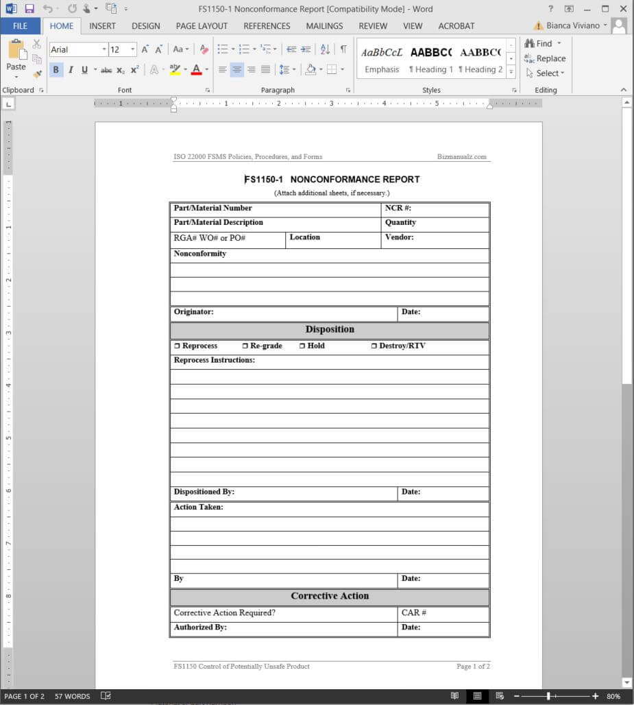 Fsms Nonconformance Report Template | Fds1150 1 For Quality Non Conformance Report Template