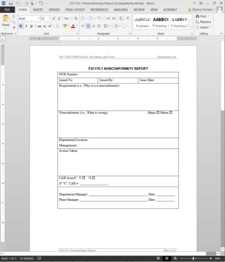Fsms Nonconformity Report Template Fds11701 for Quality Non