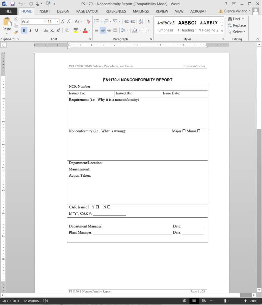 Fsms Nonconformity Report Template | Fds1170 1 For Quality Non Conformance Report Template