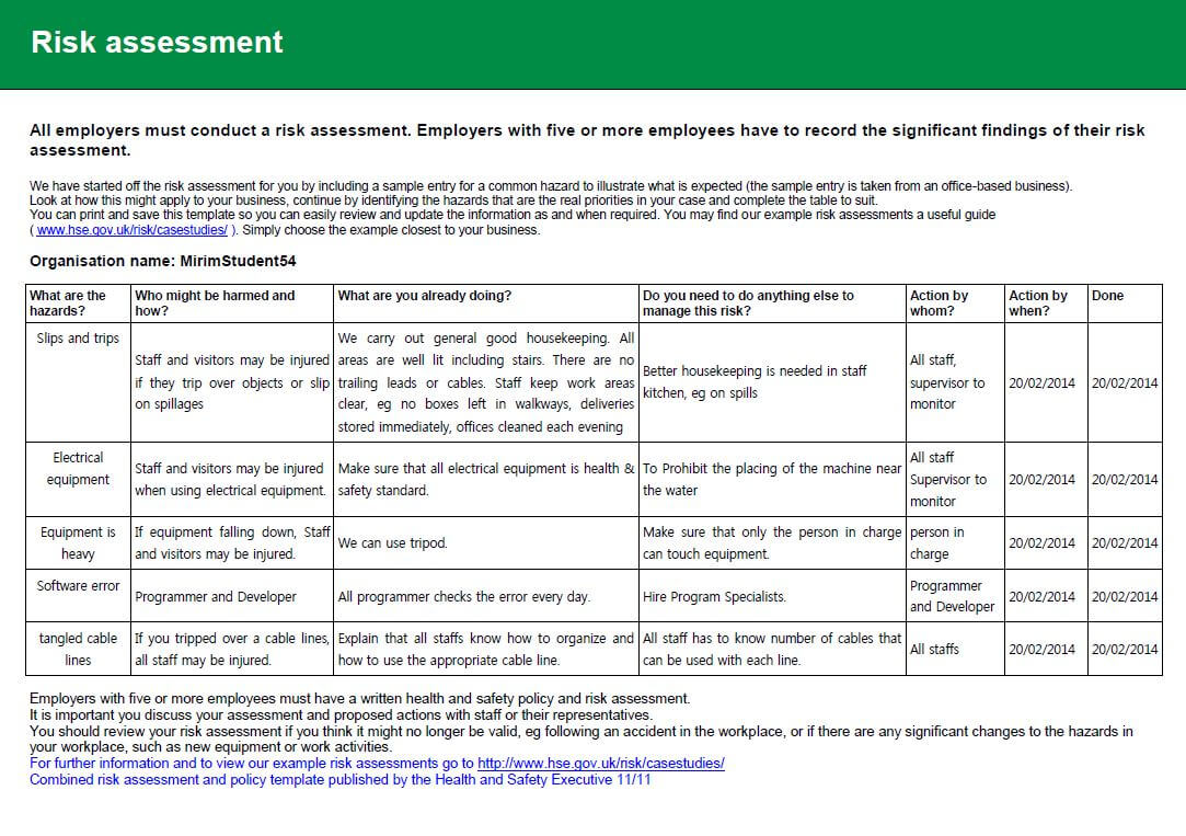 Health And Safety Implications / Risk Assessment Report In Health Check Report Template