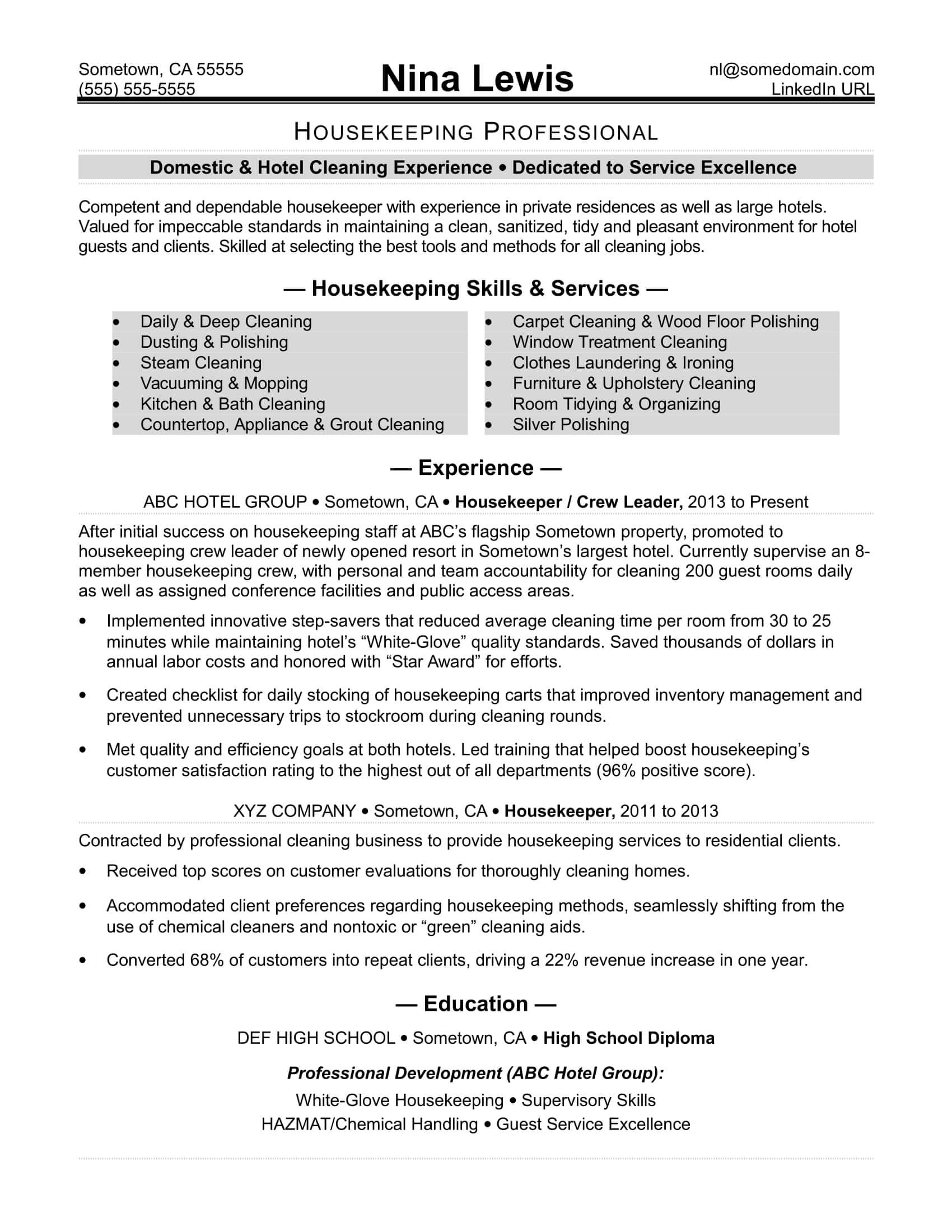 Housekeeping Resume Sample | Monster Pertaining To Resume Templates Word 2013
