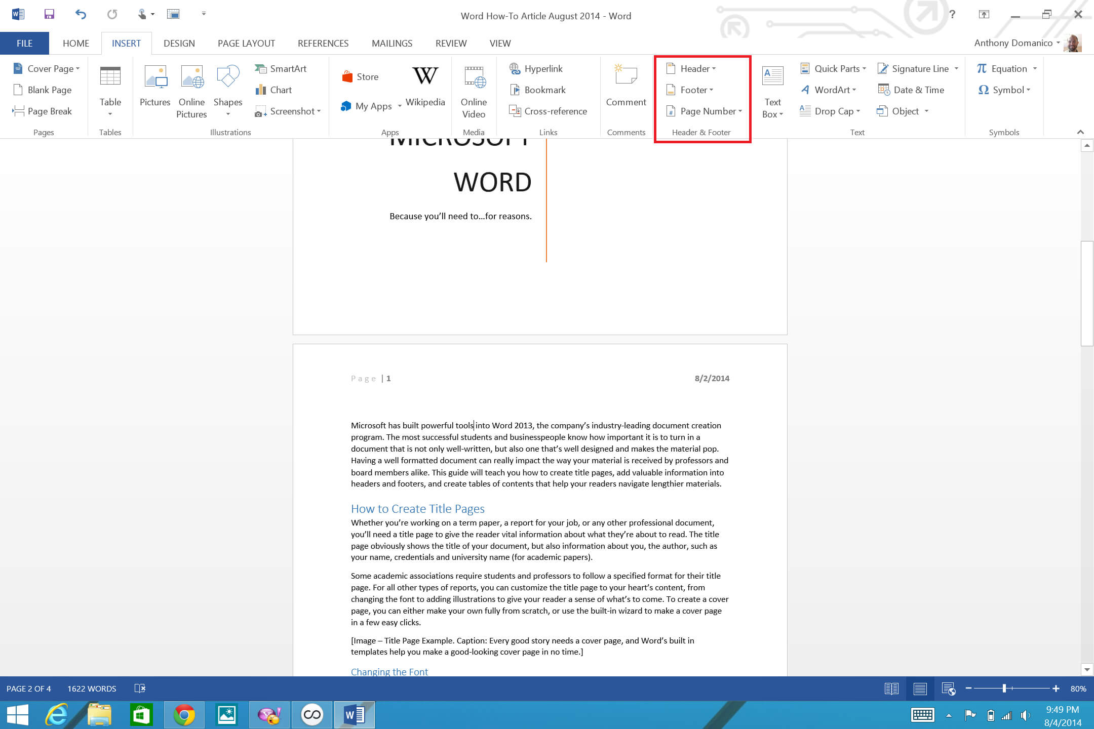 How To Add Page Numbers And A Table Of Contents To Word In Word 2013 Table Of Contents Template