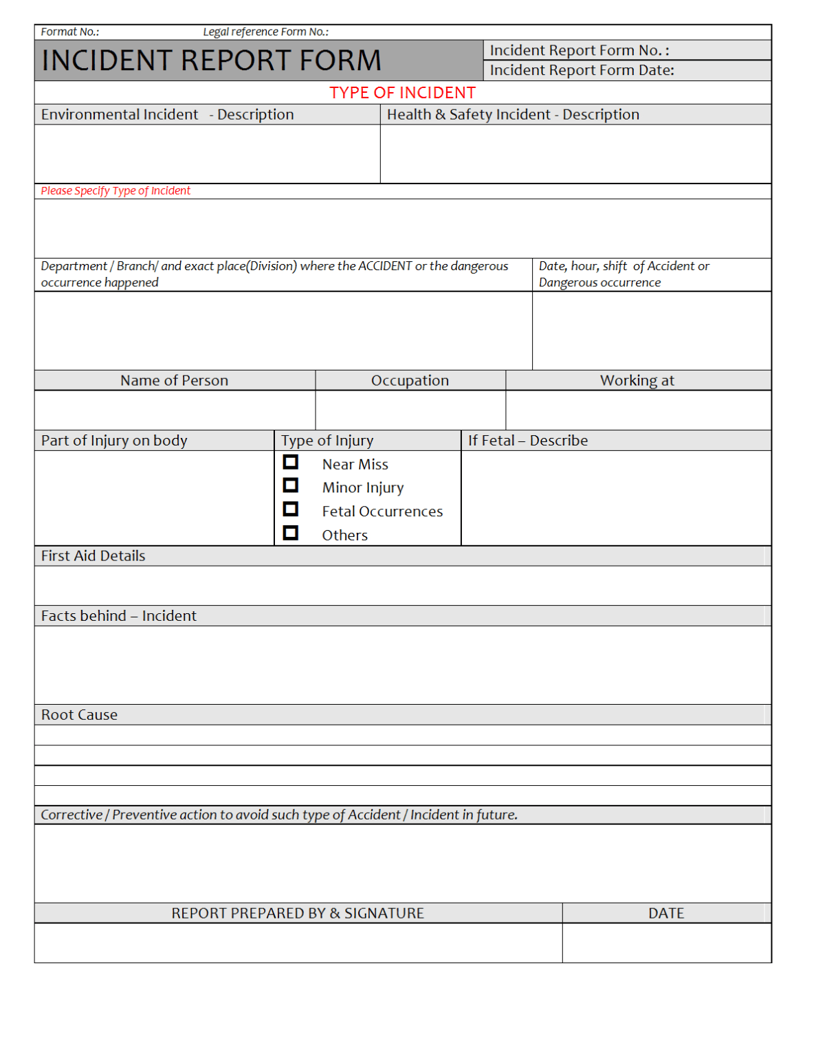 Hazard Incident Report Form Template