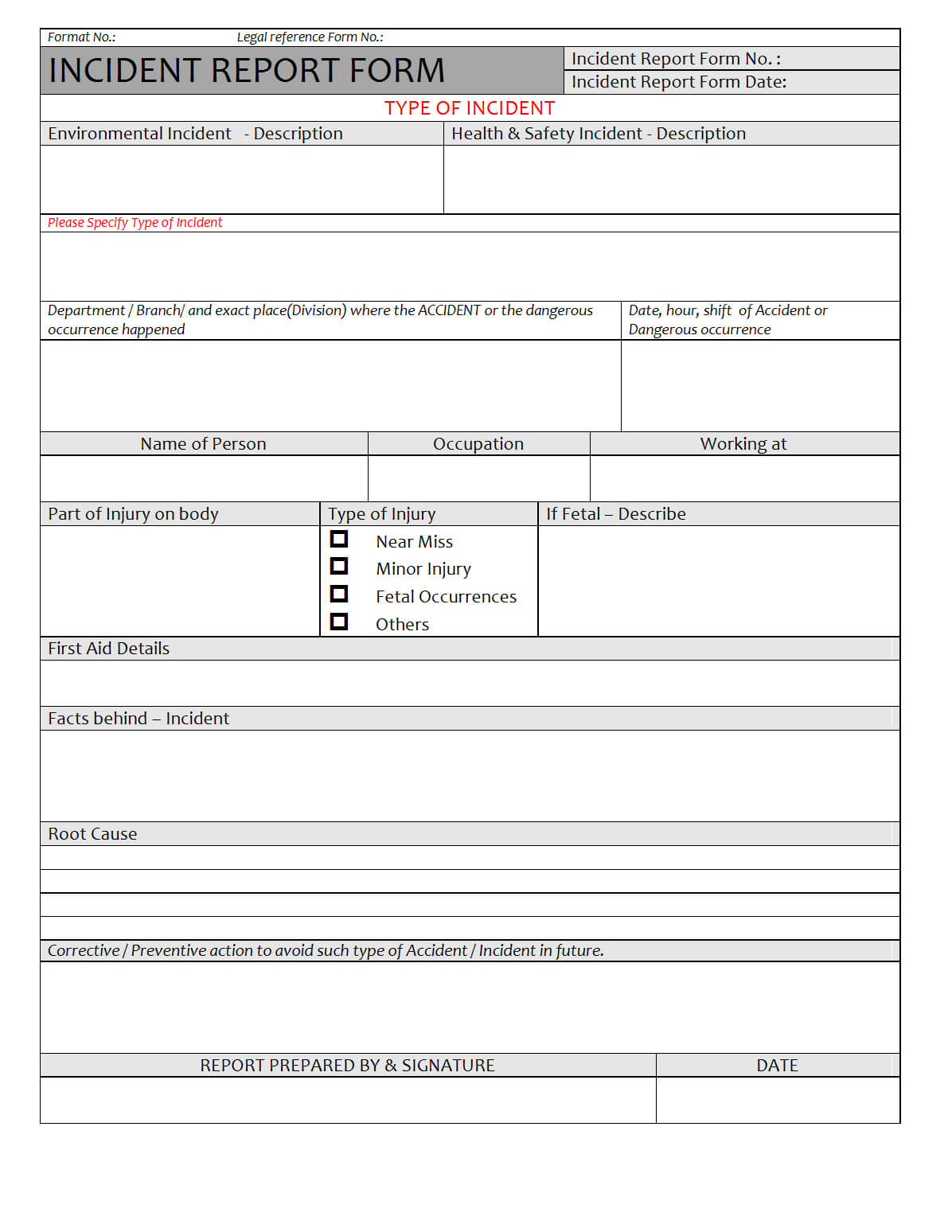 Incident Report Form - With Regard To First Aid Incident Report Form Template