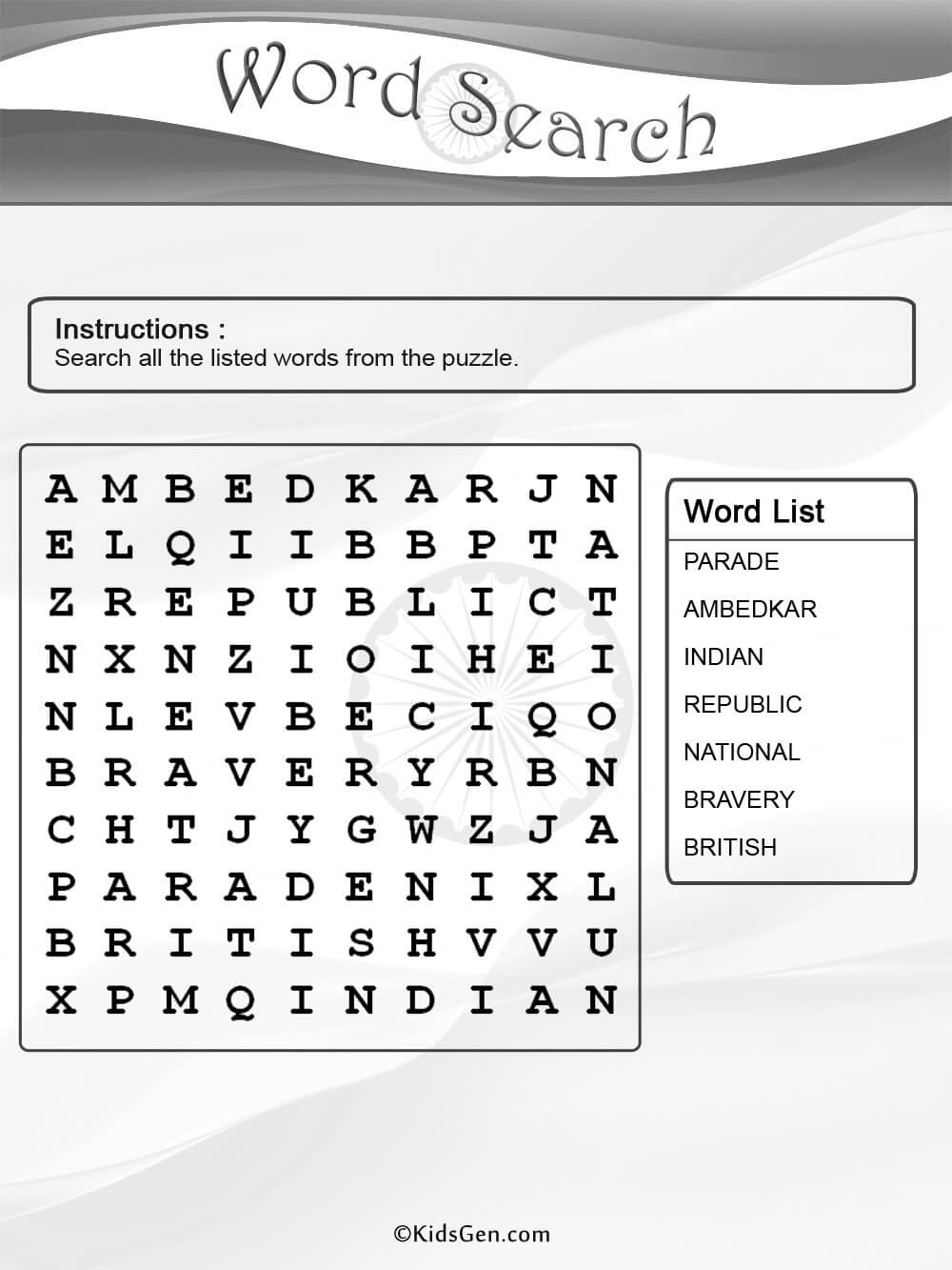 Indian Republic Day Black & White Word Search Puzzle Template Inside Word Sleuth Template